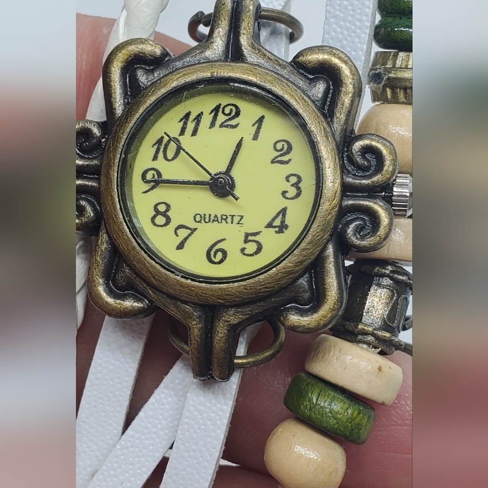 Quartz Watch In White Braided Leather Strap with Brass Details - Picture 2 of 5